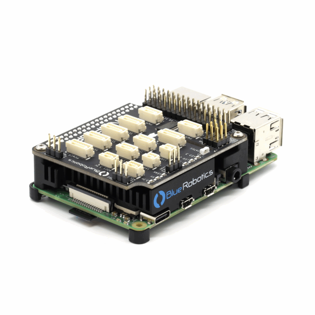 Image showing an underwater navigation device by company Blue Robotics attached to the top of a Raspberry Pi 4